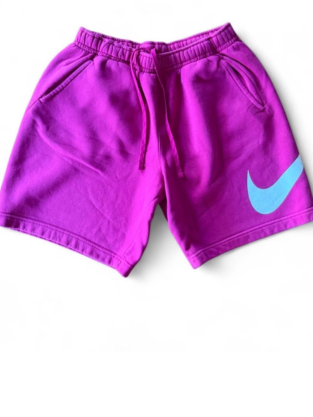 Nike men’s bright pink sweatshorts w/white Swoosh, back pocket, 2 side pockets